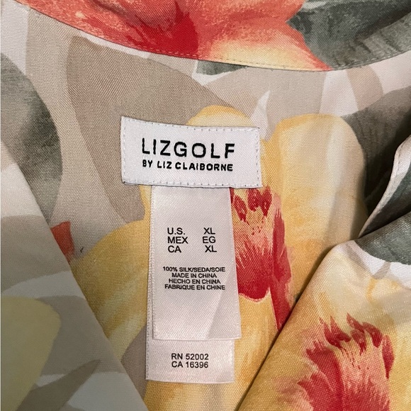LizGolf Liz Claiborne XL 100% Silk Floral White Green Button Down Sleeveless Top - Picture 6 of 7